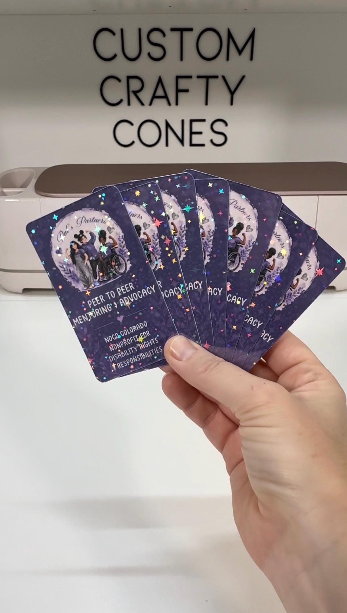 Thick custom advocacy business cards printed and finished by Laura