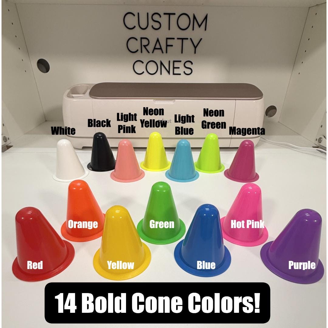 Fourteen available mini cone colors labeled in Laura's studio