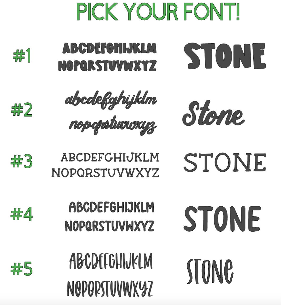 Five personalization font choices available for custom hall pass cones