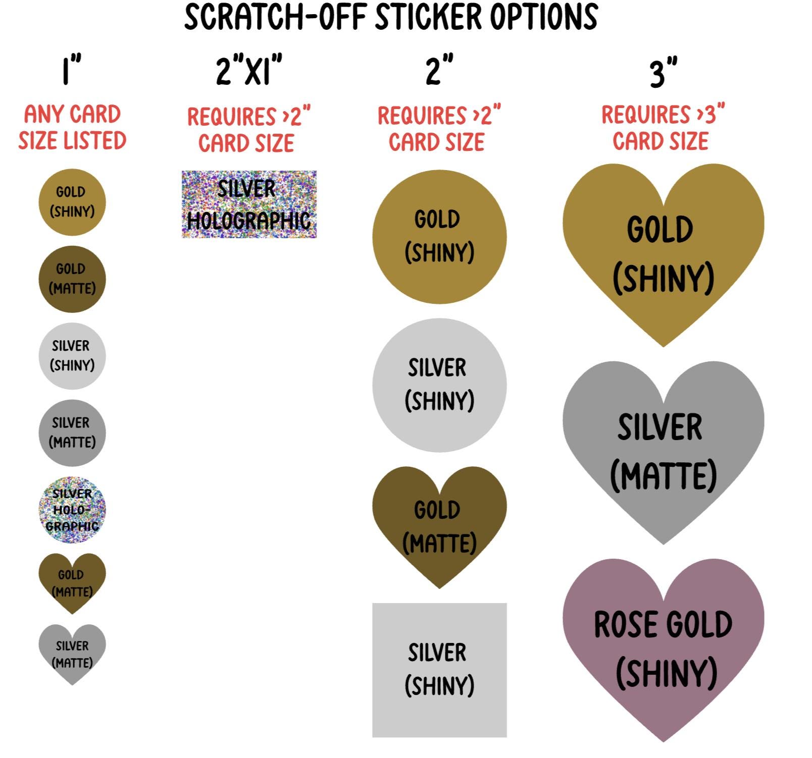 Gold, silver, and rose-gold scratch sticker shapes and sizes